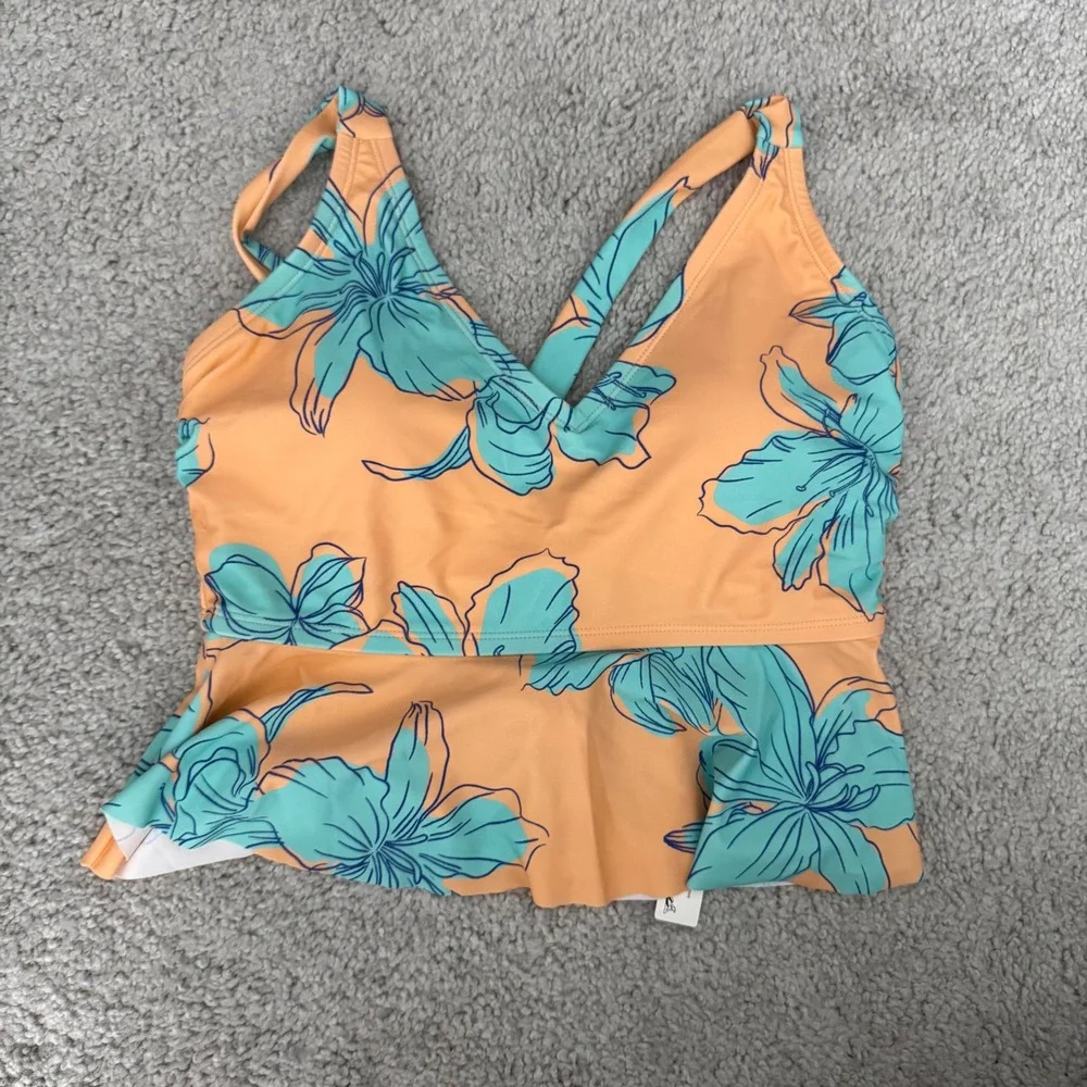 Cupshe Peach Orange Teal‎ Blue Floral Peplum Tankini Swim Top Size 0X NEW